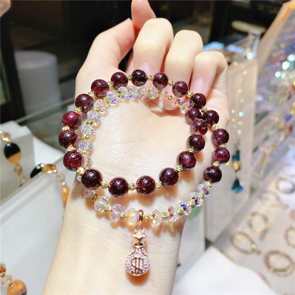 

Fashion jewelry Original handmade S925 silver purse pendant natural garnet bracelet multi-layer Austrian crystal Women