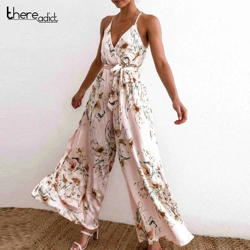 Женский комбинезон без рукавов с цветочным принтом и глубоким v образным