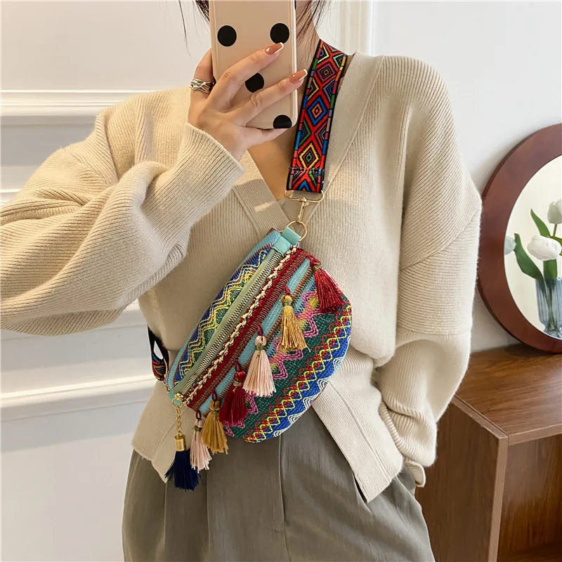 New Ethnic Style Lady Saddle Bag Retro Tassel Small Bag Fashion Wide Shoulder Strap Chest Bag Large Capacity Casual Female Bag