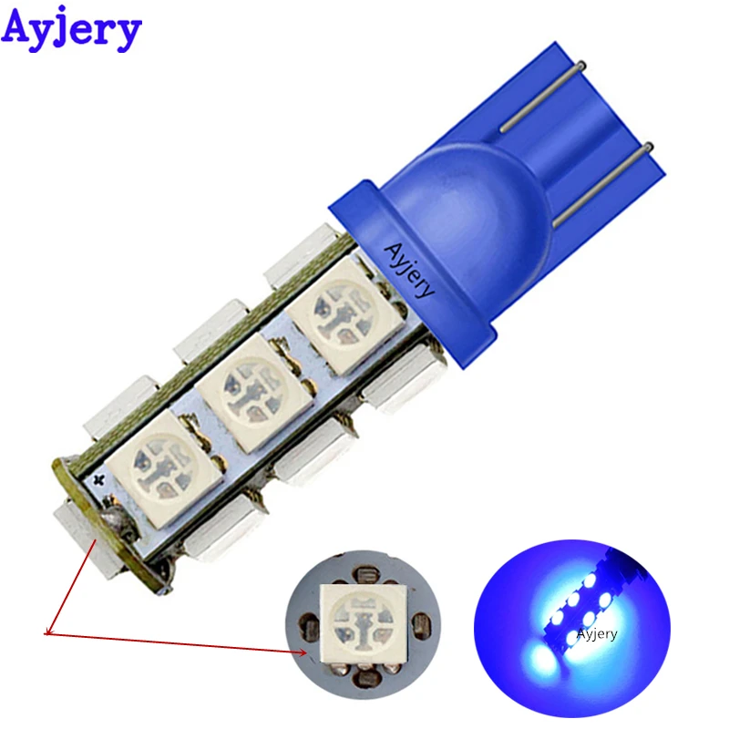 

AYJERY 100 шт. T10 AC/DC 12V 5050 SMD 13 светодиодный белого и синего цвета красный зазор светильник, футболка с принтом "автомобиль" клиновидные боковые св...