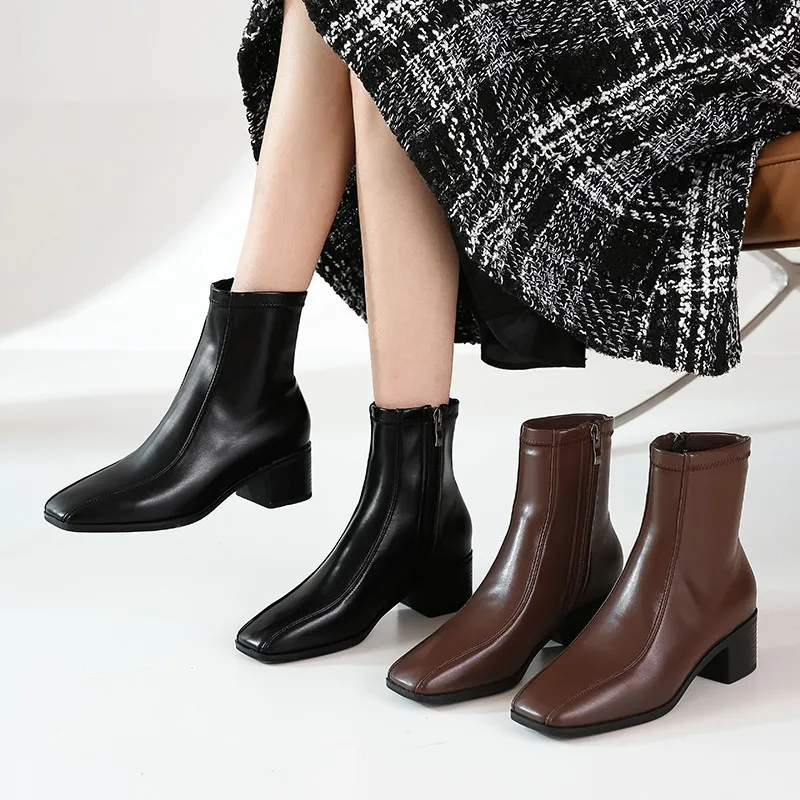 

MEMUNIA 2021 Newest Stretch Pu Ankle Boots Women Square Toe Thick Heel Casual Shoes Zip Solid Colors Autumn Winter Boots Woman