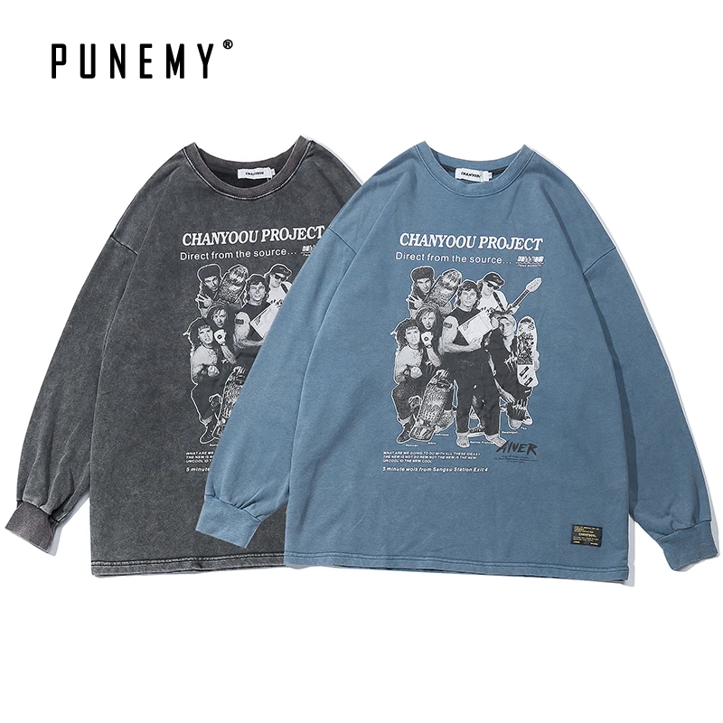 Мужские футболки с длинным рукавом винтажный принт персонажами Харадзюку