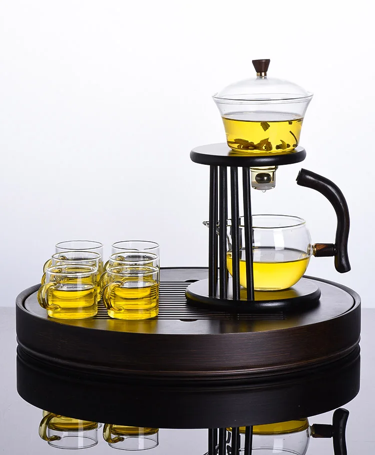 

Semi-automatic Glass Tea Set Magnetic Watering Teapot With Wood Holder Six Cups Teahouse Business Kungfu Drinkware