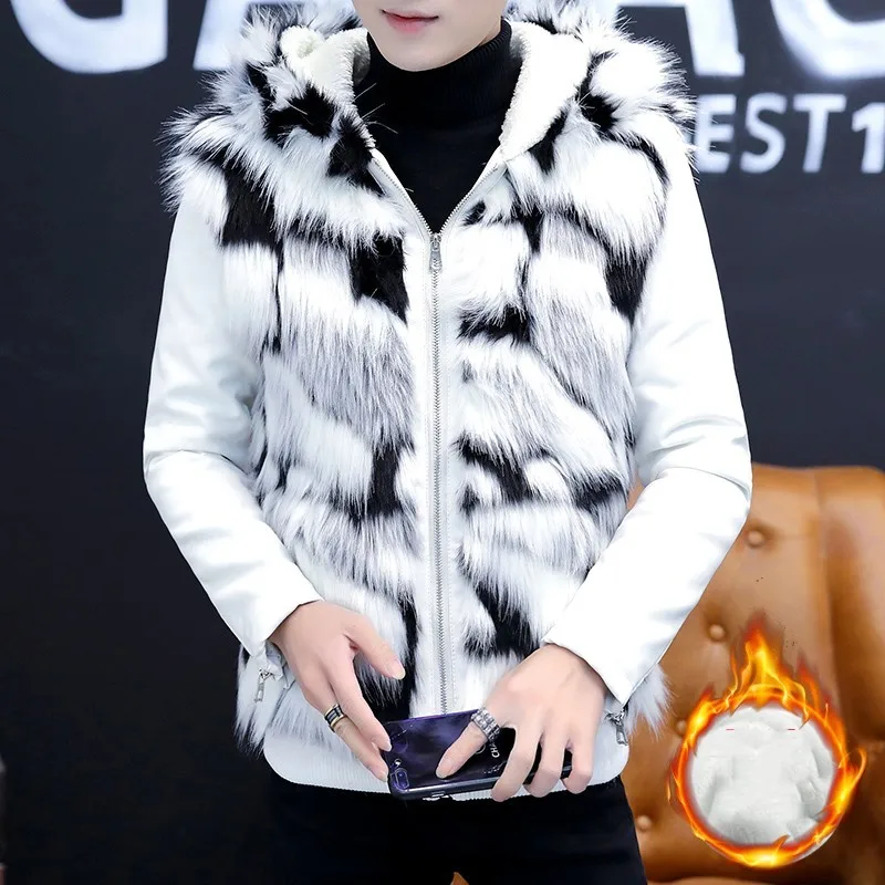 

Winter New Korean Thick Warm Fleece Liner Mens Hooded Jackets Fashion PU Leather Patchwork Faux Fur Casual Male Big Size Coats