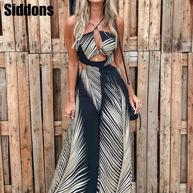 

Elegant Halter Sleeveless Women Leaf Print Cut Out Patchwork Jumpsuit ffice Lady Casual Overalls