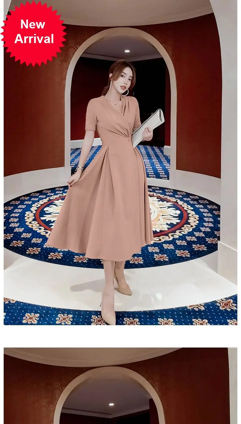 

Элегантное женское платье телесного цвета с коротким рукавом и высокой талией для работы на весну и осень 2020 новая юбка средней длины в Коре...