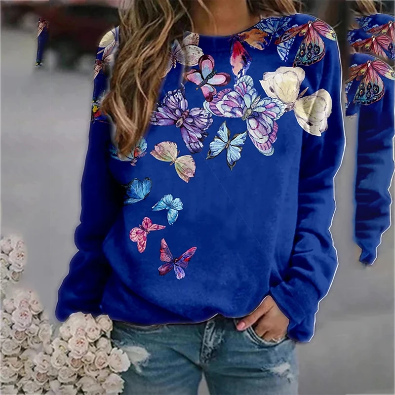 

Plus Size 5XL 3D Printing Harajuku Fashion Casual Tops Elegant Butterfly Gradient Graphic T-shirt Women's Long Sleeve Round Neck