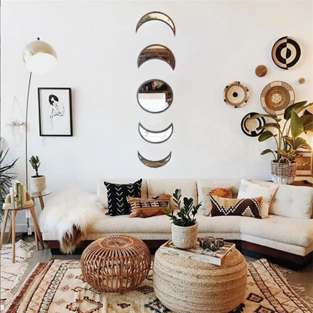 

3/5Pcs Acrylic Moonphase Mirror Set Mirror With Wood Frame Home Wall Decoration For Living Children's Room Bedroom Moon Lover's