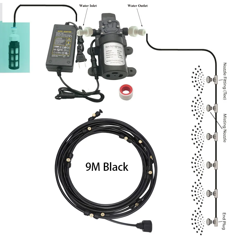 Black 9M Kit 6 м-18 м садовая система водяного тумана система охлаждения водяного тумана распылитель для орошения запотевание для зеленых цветов - Цвет: Black 9M Kit
