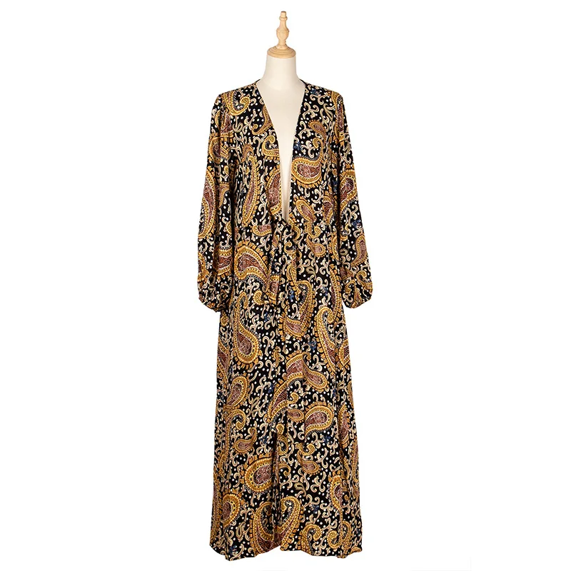 

2021 Spring New Bohemian Print Dress Women V-neck Long Sleeve Bandage Dress Sexy Ladies Split Summer Dress