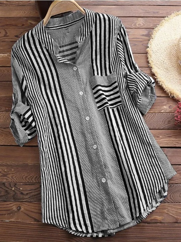 2020 2021 Zanzea V-neck None Broadcloth New Blusa Vadim Cotton Short Real Striped Shirt Sleeve Loose Size
