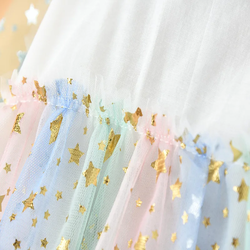 

3-8 Years Birthday Party Dress Sequins Star Petal Sleeves Layered Vestidos Girls Vestidos for Kids Casual Clothes