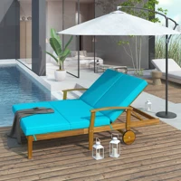 Outdoor Double Chaise Lounge Chair Patio Backyard Solid Wood Frame Daybed w/ Cushion&Wheels Natural Wood Finish+Blue Cushion