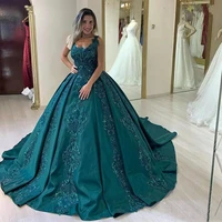 2022 green beaded lace evening dresses formal ball gown spaghetti strap appliques sequins ruched long celebrity prom dresses