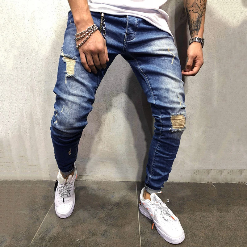 

Blue Ripped Jeans Men Sexy Hole Jeans Men Clothing Destoryed Jeans Slim Denim Pants Homme Fashion Casual Pants Male