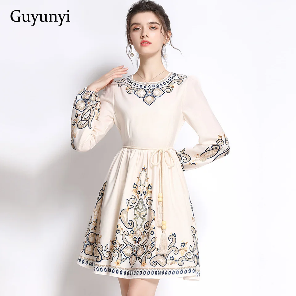 

Elegant Vintage Dress 2022 Spring High Waist Rope Tie O-Neck Puff Sleeve Fashion Pattern A-Line Mini Dress Women Party