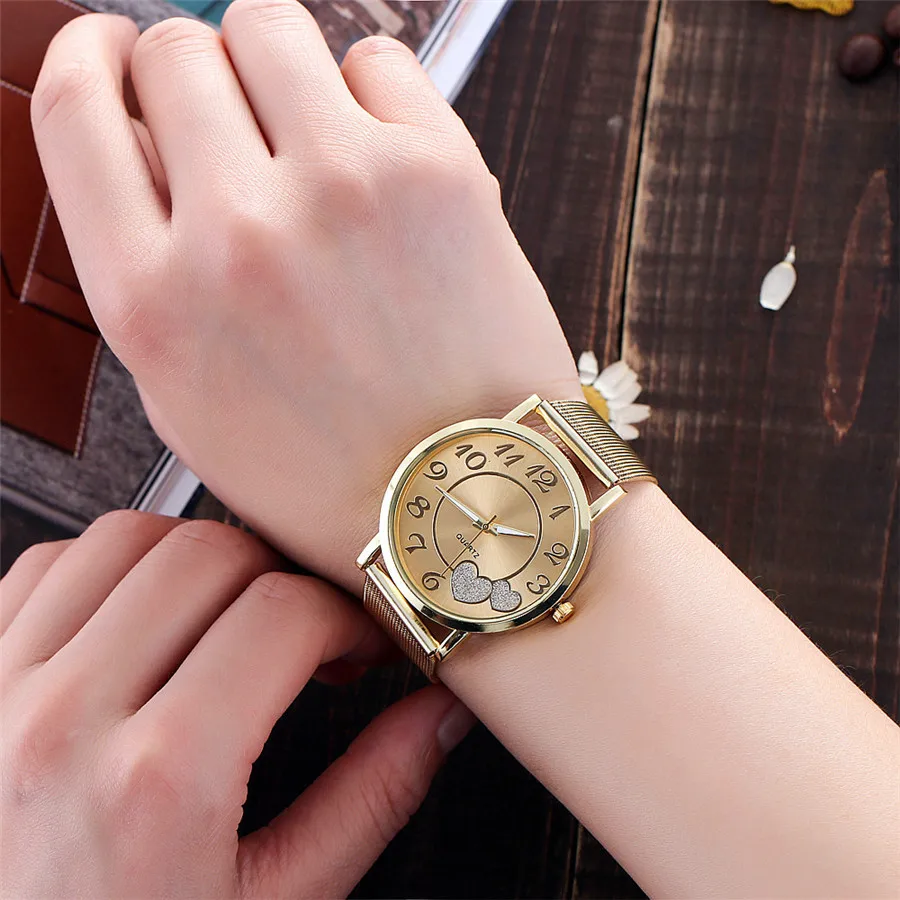 

New gold mesh strap watch simple fashion love grid ladies quartz watch