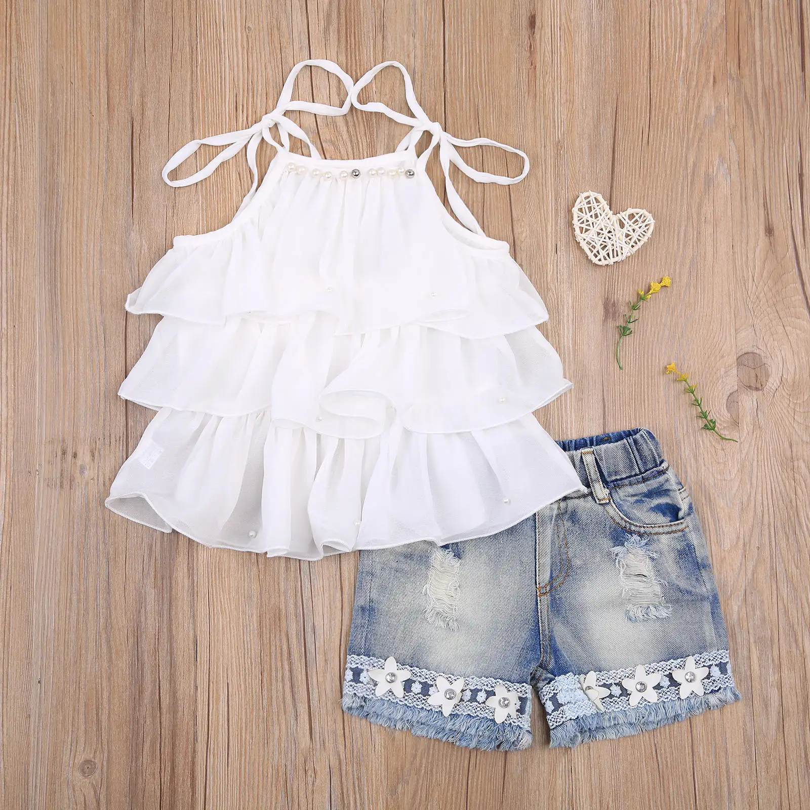 

Детский летний комплект из 2 предметов, футболка с оборками и джинсы, модная одежда для маленьких девочек, 2022