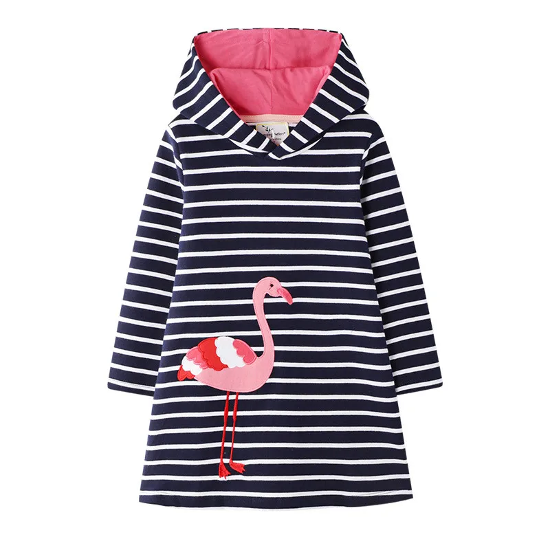 Baby Stripes Long Sleeves Spring Autumn Dress for Girl Flamingo Print Kids Dress Children Winter Clothes