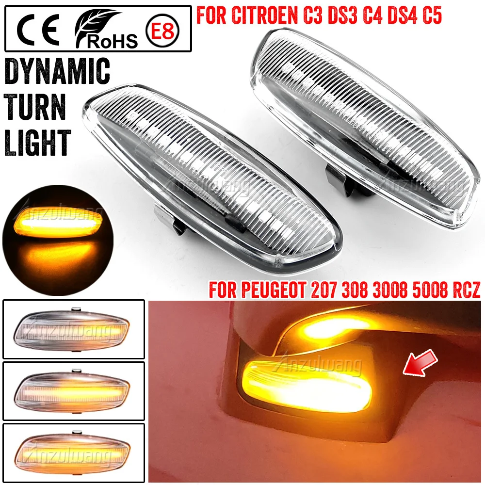 For Citroen C4 Picasso C3 C5 DS4 Peugeot 308 207 3008 5008 LED Dynamic Turn Signal Light Side Marker Lamp Blinker Car Amber
