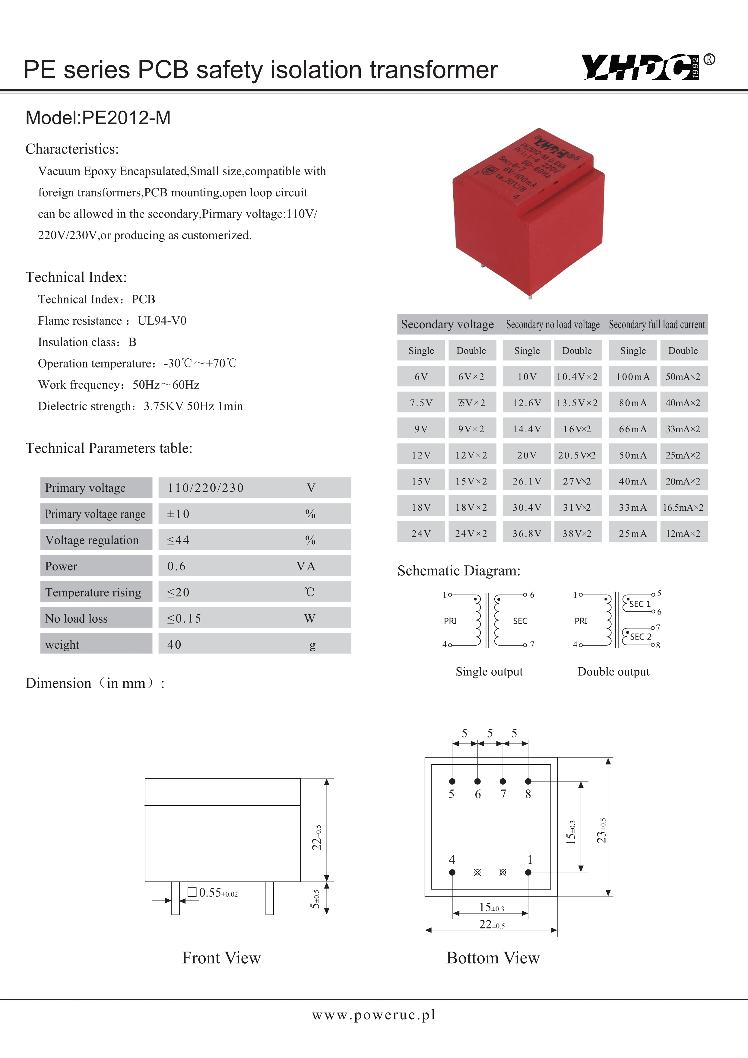 YHDC PE2012 M Мощность 0.6VA 220V /24V x2 Инкапсулированный трансформатор PCB Сварки