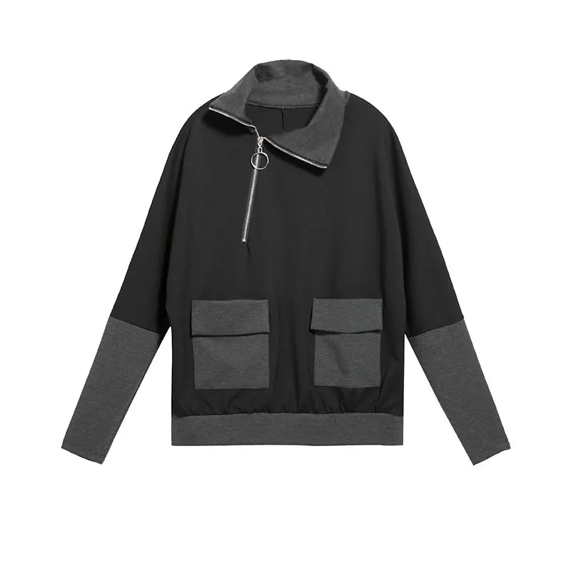 

XITAO Patchwork Sweatshirt Women Loose Fashion Zipper Turn Down Collar Batwing Sleeve 2020 Autumn Simple Women Clothes ZYQ4311
