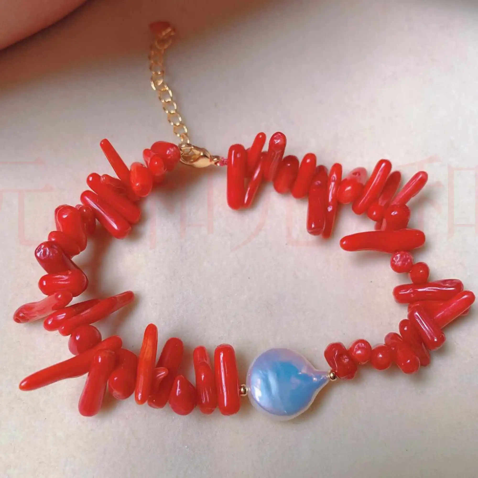 

Beautiful natural White sector Fresh water pearl Red Coral Gold earrings gift Bless Wrist Thanksgiving Day Elegant Easter