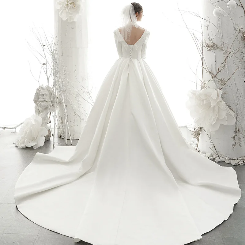 

Bridal WEDDING gown U neck beading satin wedding dresses half SLEEVE PLUS SIZE anniversary ceremony Muslim wedding DRESS