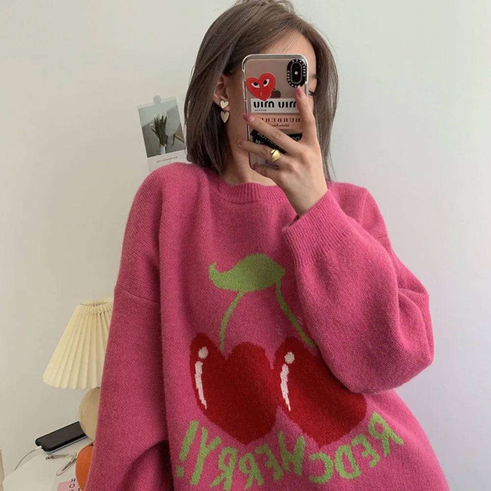 

Korean Version Cherry Pattern Knitted Sweater Women 2021 Autumn Pullover Knitwear Casual Round Neck Top Sweet Knit Jumpers