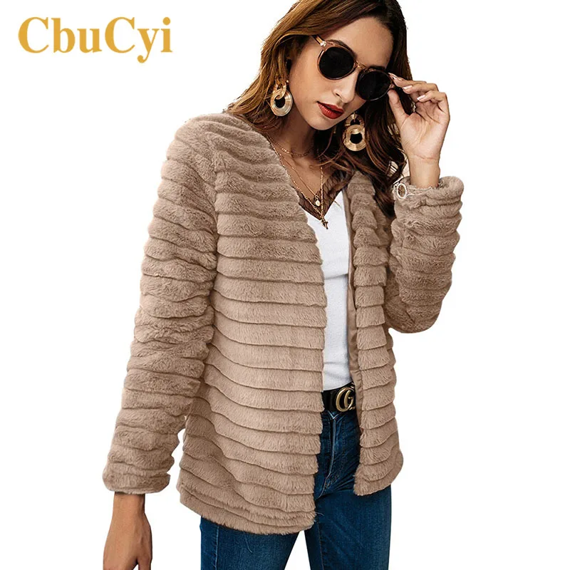 Women Winter Coat Slim Cardigans Faux Furry Jackets Striped Rabbit Fashion Full Sleeve Thick Warm Fur Jacket | Женская одежда
