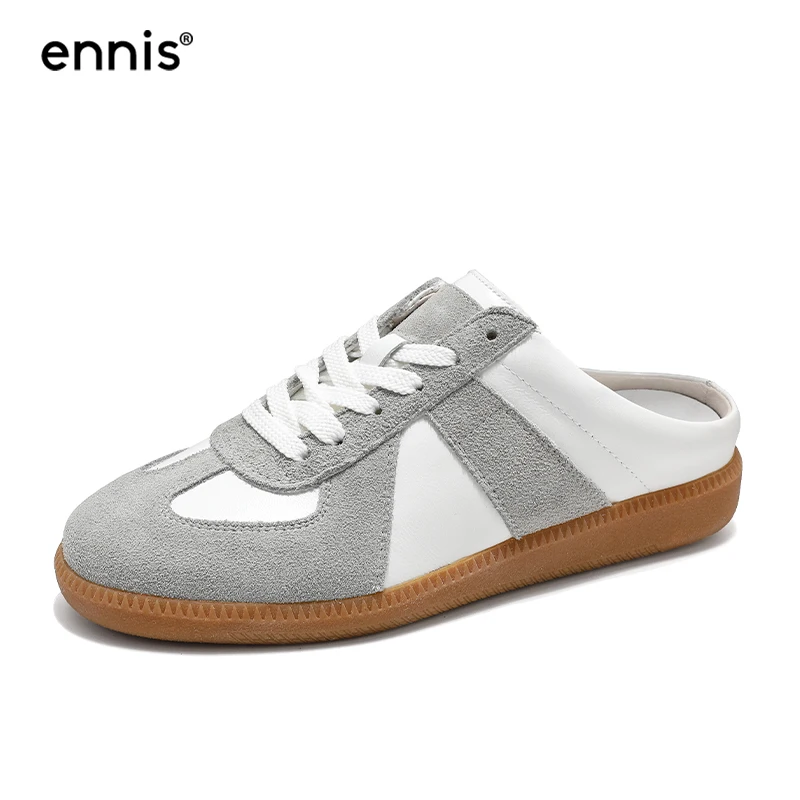 

ENNIS 2021 Women Casual Shoes Genuine Leather Suede Flat Shoes Loafers Spring Summer Slippers Outdoor Fashion Gray White F108