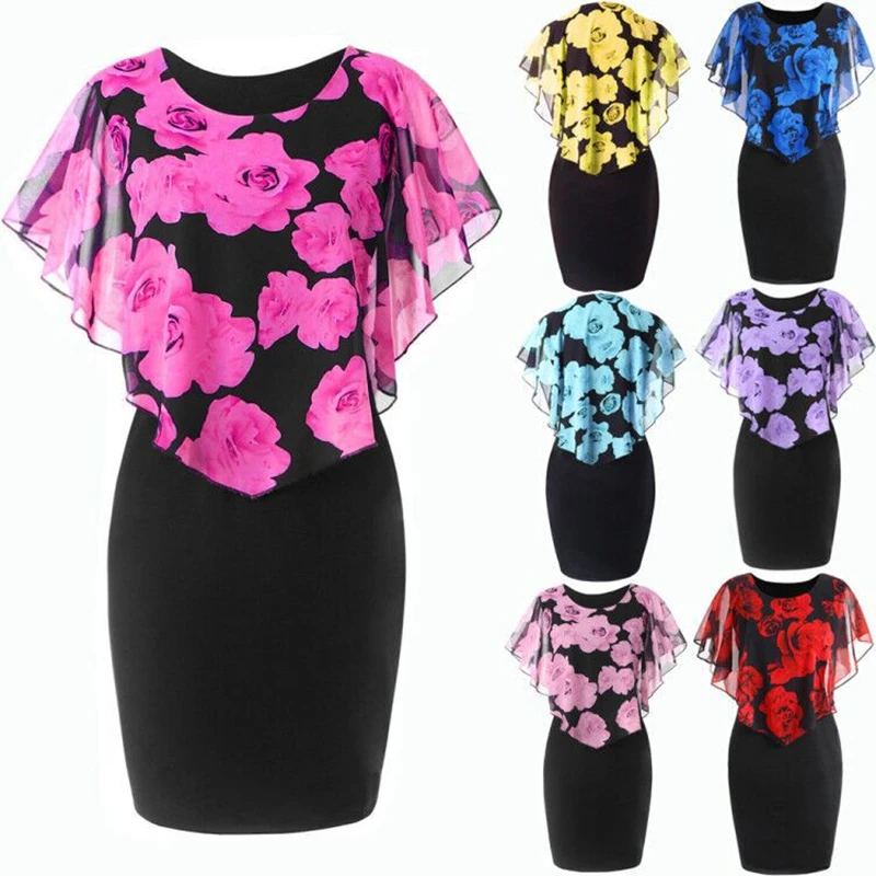 

Women Dress Sexy Sleeveless Rose Print Shawl Slim Party Dress Elegant O-Neck Ruffles Patchwork Wrap Hips Mini Dresses Summer New