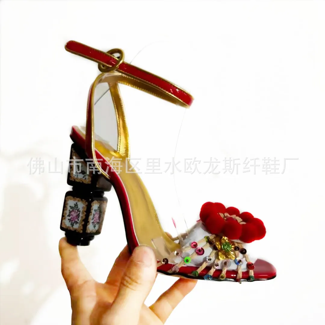 

Diamond open toe sandals women's 2021 summer new button high heels women's sexy fashion sandals