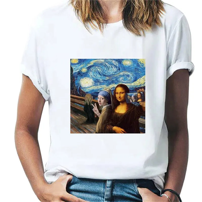 

White O-neck short sleeve t-shirt Mona Lisa Oil Painting Tshirt Lady Tee shirt Women Summer T-shirt 2021 Fashion Tshirt Mujer