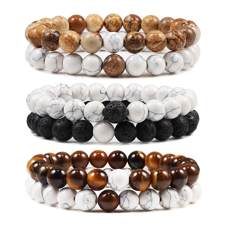 

Hot 2pcs/set Men Tiger Eye Beads Bracelets Classic Natural Lava Stone White and Black YinYang Couple Distance Bracelet for Women