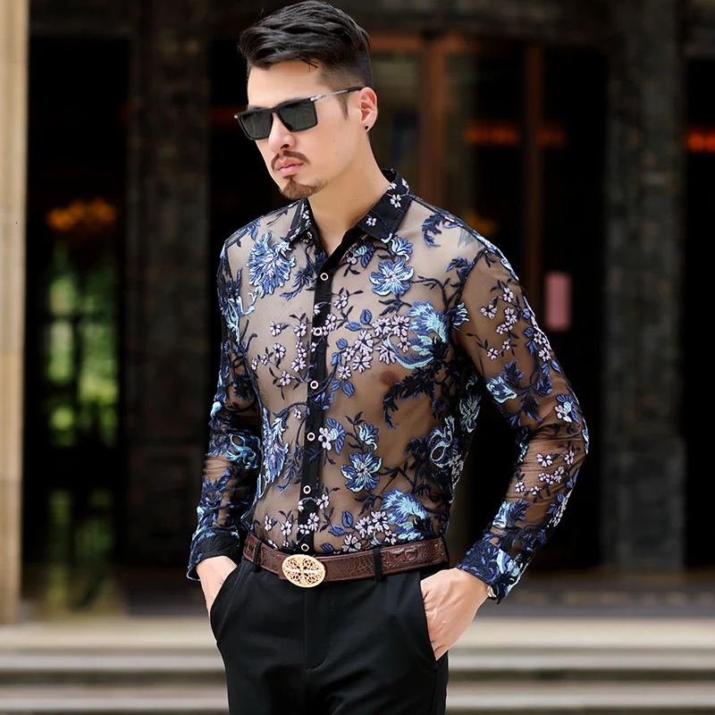 Chemise Hommesexy прозрачная Мужская рубашка из сетчатой ткани 4xl, роскошные Прозрачные рубашки для мужчин, вечерние рубашки с длинными рукавами и вышивкой