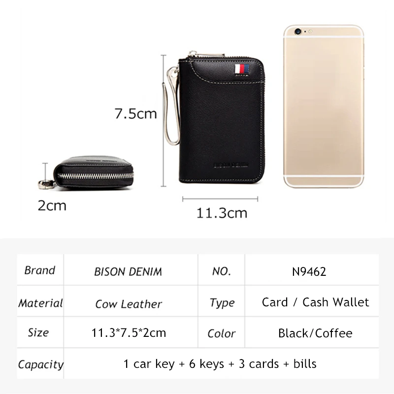 BISON DENIM Genuine Leather Key Wallet Male Card Keychain Cover Zipper Card Holder Wallet Key Organizer Large Capacity N9462