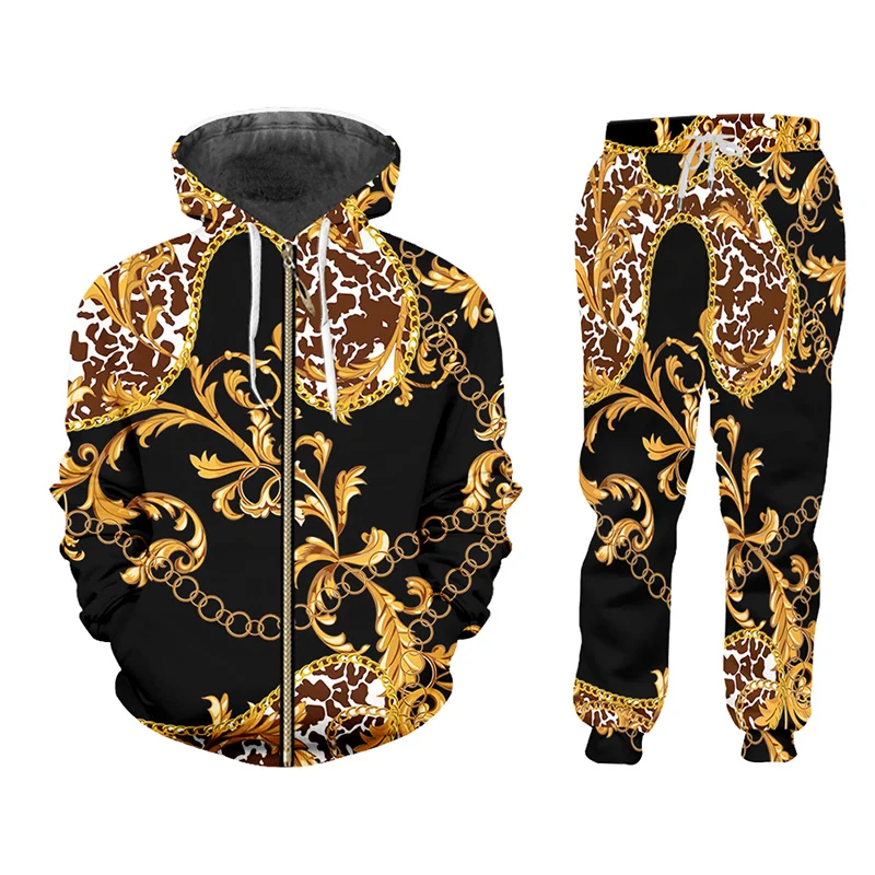 IFPD tuta da uomo stile barocco giacche e pantaloni da Jogging Set 3D stampato floreale dorato di lusso da donna 2 pezzi abiti Streetwear