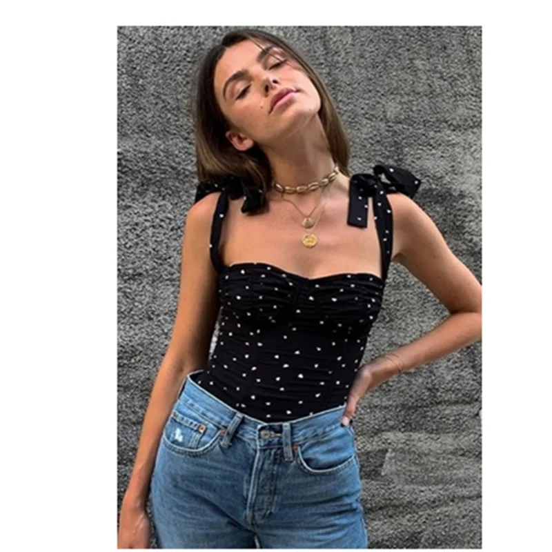 

Hot T-shirt Women Vintage Dot Printed Chiffon Camis Off Shoulder Slash Bow Sexy Film Tops & Tees Holographic Fashion Streetwear