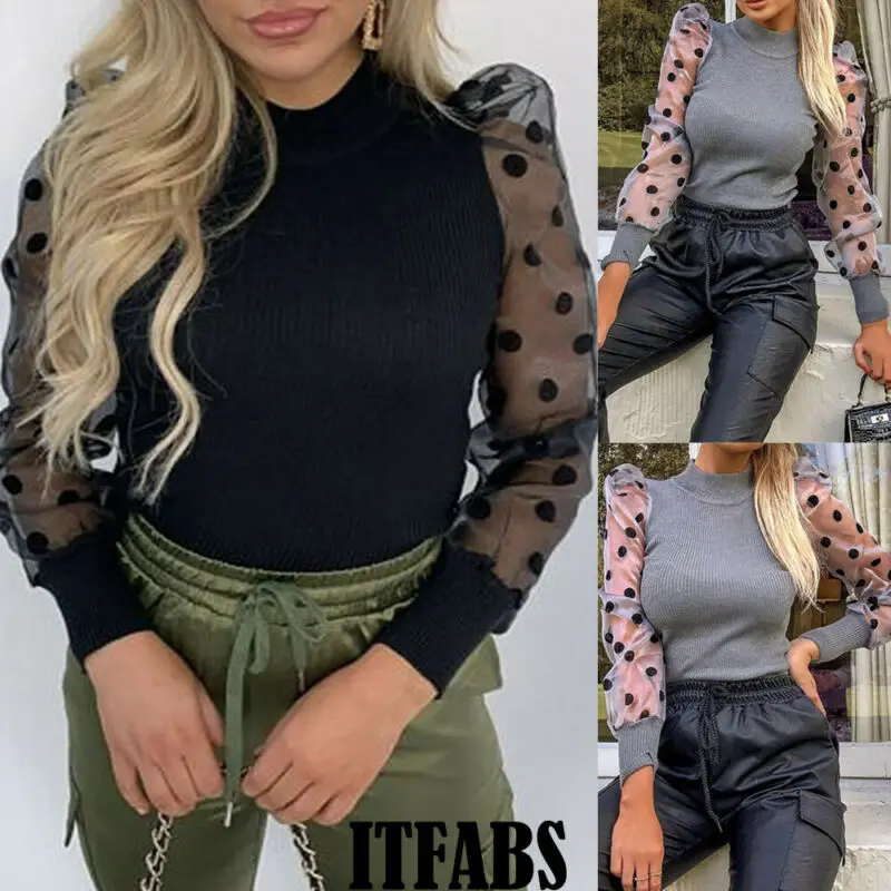 

Осенняя повседневная женская прозрачная сетчатая блузка в горошек, пышная рубашка с длинными рукавами