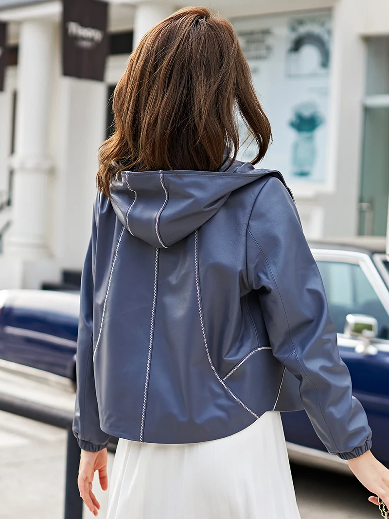 

200% Real Leather Women Sheepskin Jacket Blue Spring Autumn Hooded Short Coat Chaqueta Cuero Mujer HQ22-CJX2906A pph495