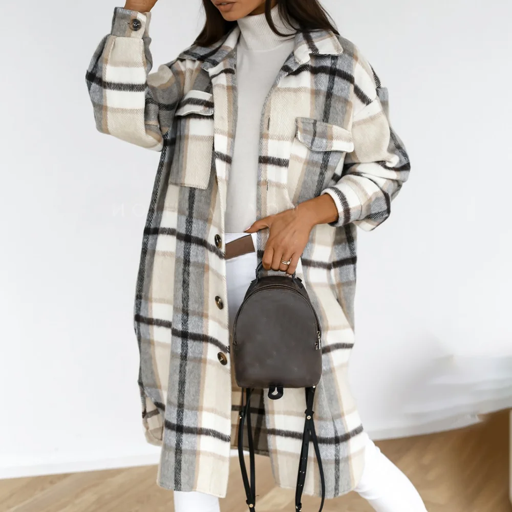 

2021 Turn Down Collar Long Coat Autumn Women Shirt Coat Fashion Plaid Printed Casual Single-Breasted Winter Female Overcoat