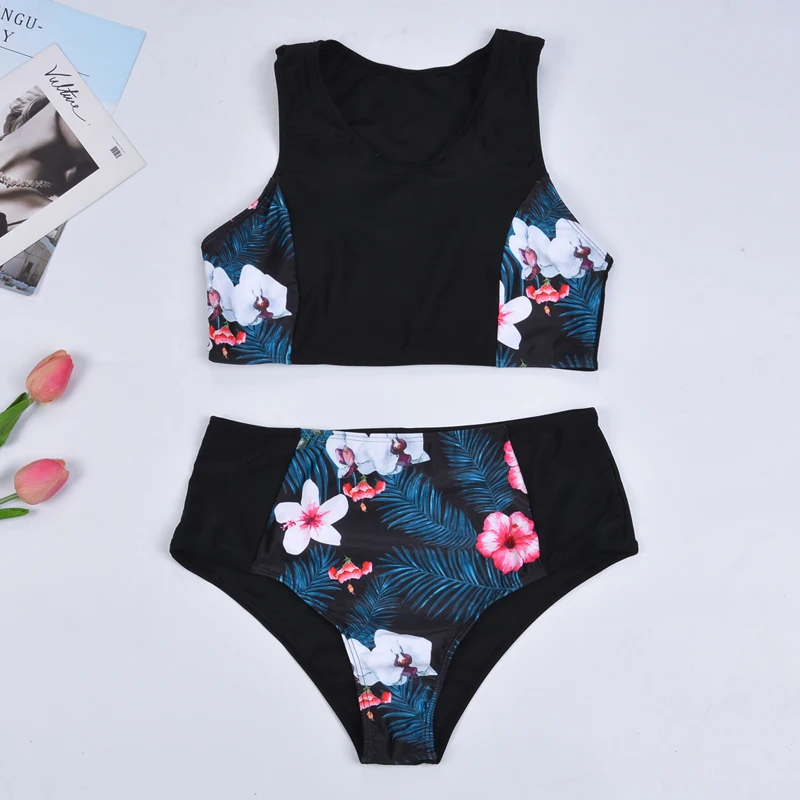 Ретро купальник с цветочным принтом Женский комплект бикини высокой талией