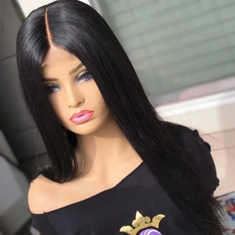 

26Inch Jet Black Long Straight Synthetic Lace Front Wig Glueless 13x4 Synthetic Lace Wigs For Women With Baby Hair 180%Density