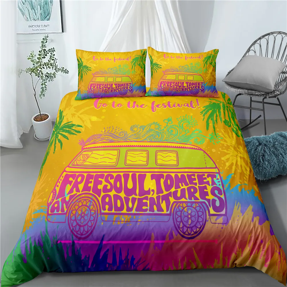

Summer Surf Bus Duvet Cover Set Happy Travel Bedding Set Soft Microfiber Bright Colors Printing Quilt Cover with Pillow 3pcs