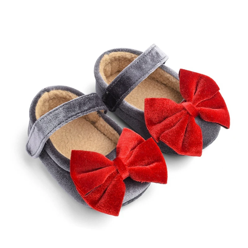 

Cute Velvet Flock Princess Bow Shoes Toddler Fashion Baby Girls Mary Jane Flats Soft Sole Non-Slip Infant Kids Prewalkers