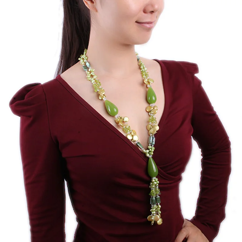 

JYX Classic Style Green Jade Necklace with 6*9mm Baroque pearls and crystal chain 28"