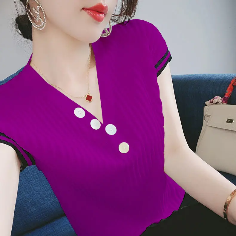 

Ice silk short sleeve T-shirt for women's 2021 summer new loose and thin pit stripe knitting versatile blouse for women