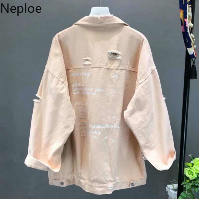 Neploe Koream джинсовые куртки женские с дырками с длинным рукавом винтажные джинсовые куртки свободные весна осень вышивка буквы пальто черная верхняя одежда
