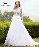 2021 new design wedding dresses a line long sleeve tulle lace pearls beading luxury formal wedding gowns custom made no07